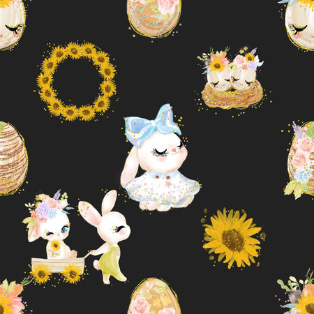 Seamless pattern with easter bunny, eggs and sunflowersの写真素材