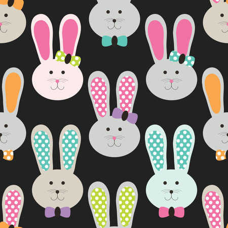 Seamless pattern with cute rabbits on black background. Vector illustration.の写真素材