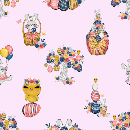 Seamless pattern with cute Easter bunnies and cakes. Vector illustration.の写真素材