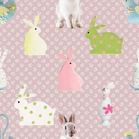 Seamless pattern with Easter bunnies, eggs and flowersの写真素材