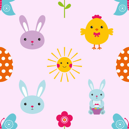 Seamless pattern with cute Easter bunnies and eggs. Vector illustration.の写真素材
