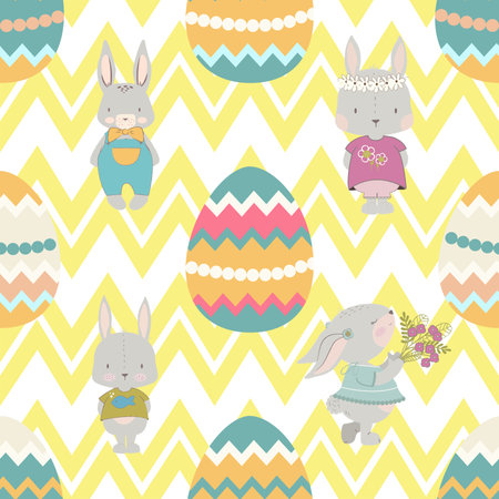 Seamless pattern with cute bunnies and easter eggsの写真素材