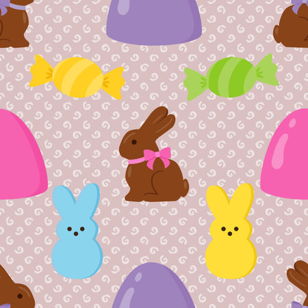 Seamless pattern with chocolate Easter bunnies and candiesの写真素材