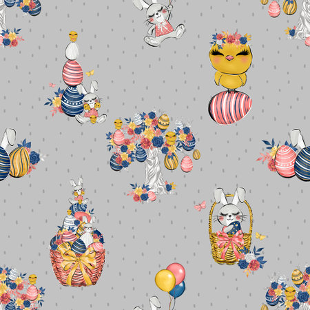 Seamless pattern with Easter eggs, bunny, basket with flowers.の写真素材