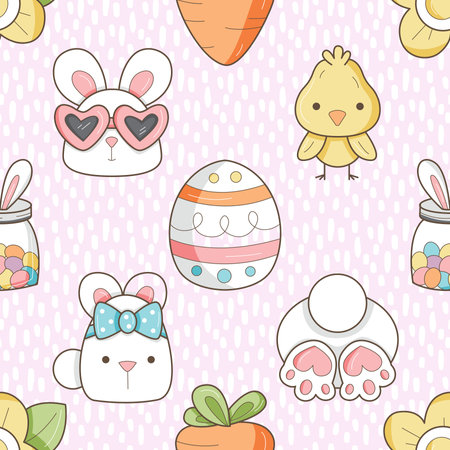 Seamless pattern with easter eggs, bunny, chick, carrot. Vector illustration.の写真素材