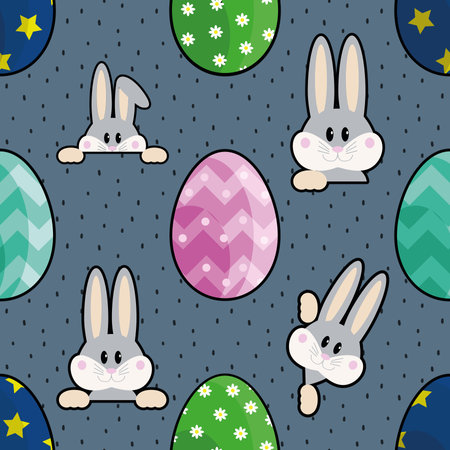 Seamless pattern with cute bunny and polka dot background.の写真素材