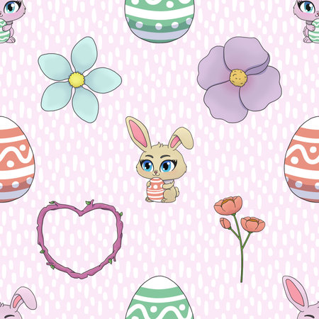 Seamless pattern with Easter bunnies, eggs and spring flowers. Watercolorの写真素材