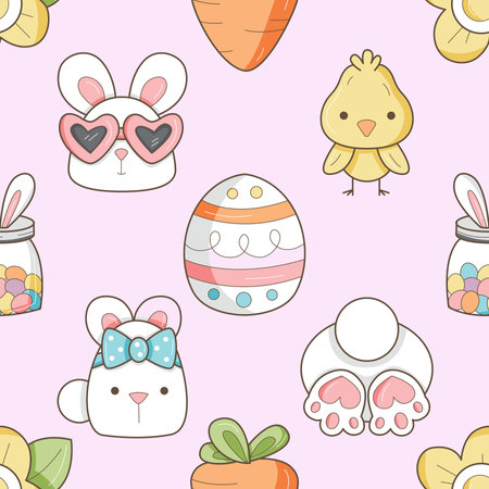 Watercolor easter seamless pattern with spring flowers, eggs and rabbit.の写真素材
