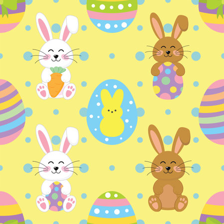 Seamless pattern with cute Easter bunnies and eggs. Vector illustration.の写真素材