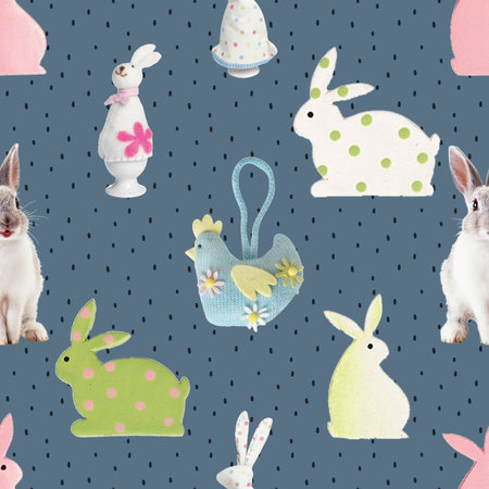 Easter seamless pattern with cute bunnies and eggs on polka dot backgroundの写真素材