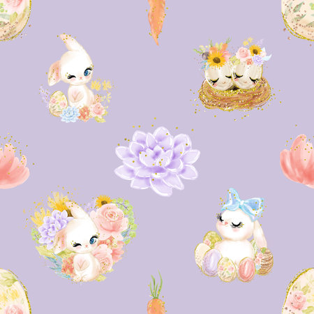 Seamless pattern with Easter eggs and bunnies. Vector illustration.の写真素材