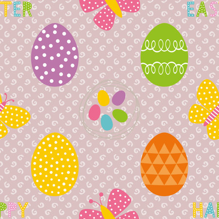 Seamless pattern with Easter eggs and butterflies. Cute vector background.の写真素材