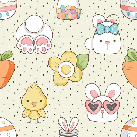 Seamless pattern with cute bunny, chick and carrot. Vector illustrationの写真素材
