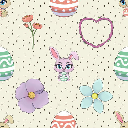 Easter seamless pattern with bunny, eggs and flowers. Vector illustration.の写真素材