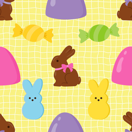 Seamless pattern with chocolate easter bunnies and candiesの写真素材