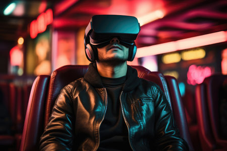 Man wearing virtual reality 3D glasses for games or movies with immersive effectの素材