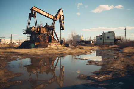 Old rusty oil well against a cloudy sky, the concept of oil production, the production of petroleum products, gasolineの素材