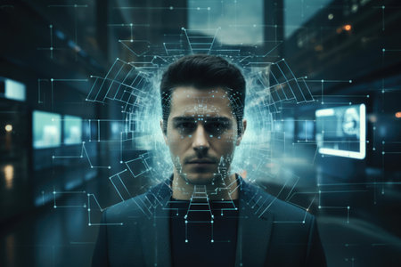 Smart biometric face recognition system for a man in a business suit in the officeの素材