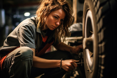 Woman auto mechanic changing car wheel, car service, Repair service conceptの素材