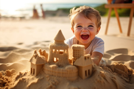 Kid making a sand sculpture on a beachの素材