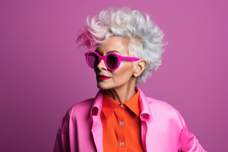 Youthful grandmother, old well-groomed woman in stylish bright clothesの素材