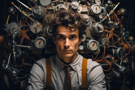 portrait of a young engineer technician on the background of the mechanismの素材