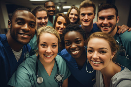 Medical doctors and nurses take a selfie in the corridor of the hospital at the end of a hard day's workの素材