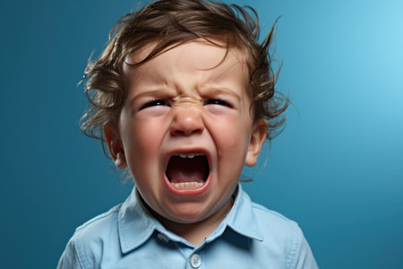 crying baby little boy on blue backgroundの素材