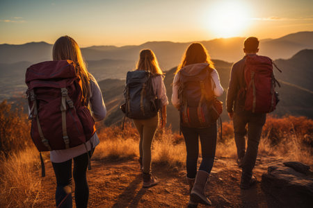 group of hikers tourists stand on the mountain and look at the dawn. selective focusの素材