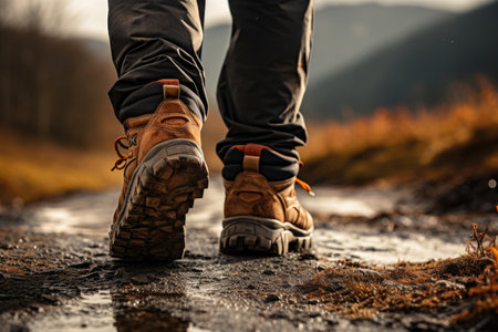 Legs of a tourist in boots going on a hike on the roadの素材
