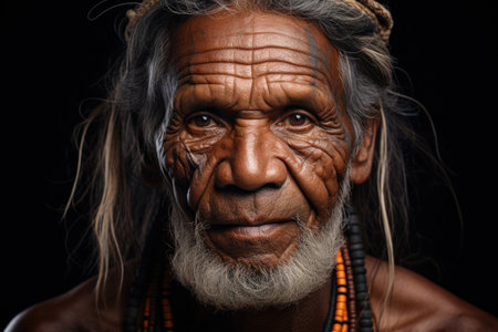 Portrait of an old American Indian male with deep wrinklesの素材