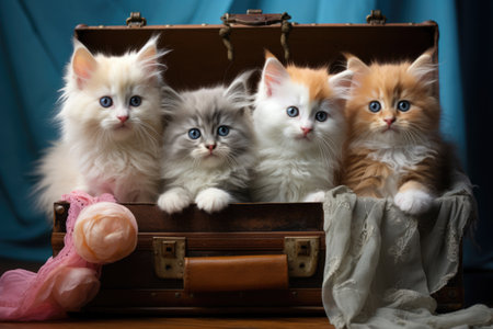 Funny cute kittens in an old suitcaseの素材