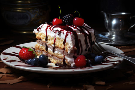 piece of cake with cream and berries on a plateの素材