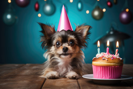 Cute funny dog in party hat and birthday cakeの素材