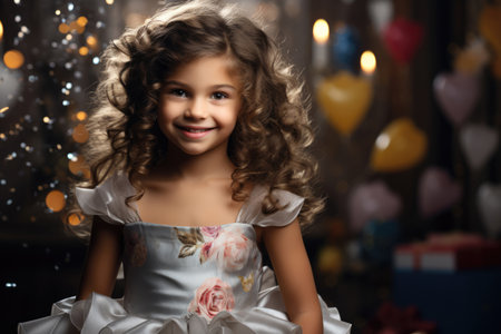 little girl in a beautiful dress on a holiday against the backdrop of festive decorationsの素材