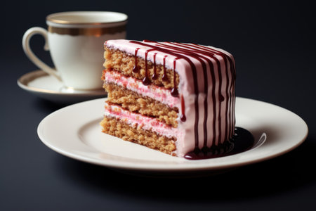 Delicious piece of cake with syrup on a plateの素材