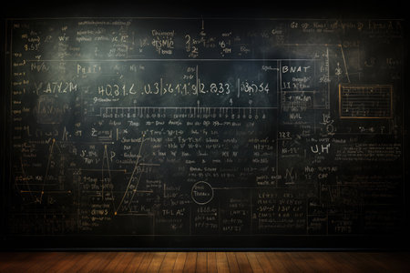 Background, texture of a blackboard written in chalk with formulas, graphs and equationsの素材