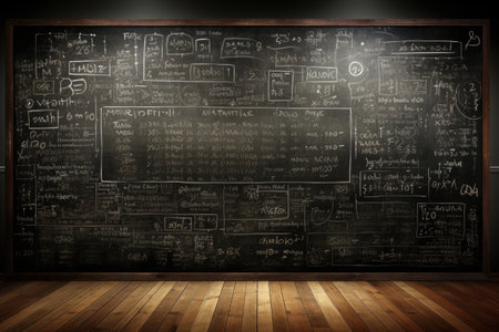 a school board covered in chalk with mathematical formulas, equationsの素材