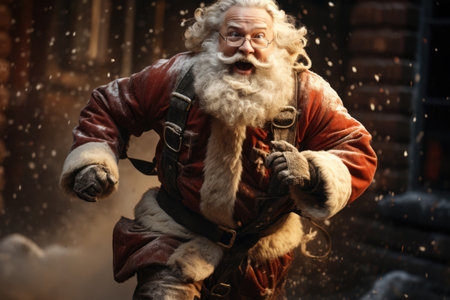 Running Santa Claus runs, hurries to deliver Christmas giftsの素材