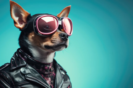 Cool dog in leather jacket and sunglasses. Copy space for textの素材