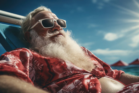 santa claus on vacation resting in a sun lounger on a sandy beach against the blue sky. Copy space for textの素材