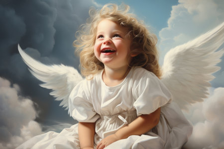 Laughing cute baby with angel wings in the cloudの素材