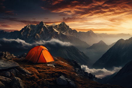 Camping tent in a mountain valleyの素材