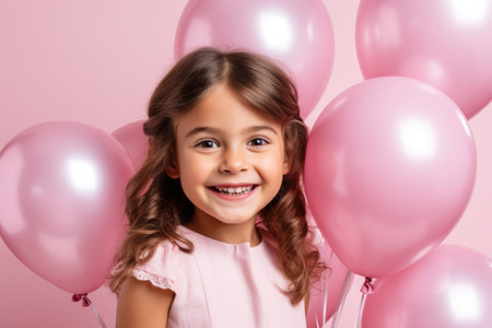 Little happy girl in pink balloons for her birthdayの素材