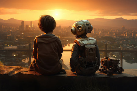 old retro robot communicates with a boy on the background of the city at sunset, the concept of the future, technology development, artificial intelligenceの素材