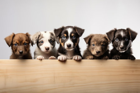 Row of puppies, dogs on a light background. copy space for textの素材