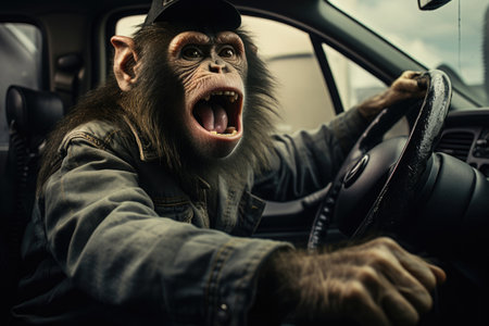 monkey driving the car spins the wheel and screamsの素材