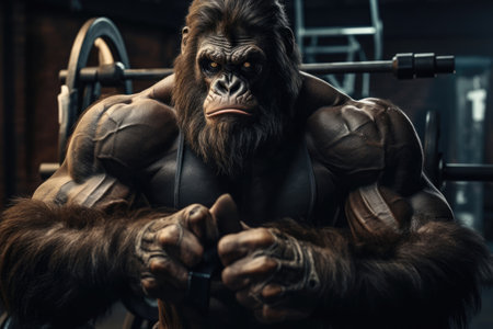 Muscular monkey gorilla bodybuilder or powerlifter in the gymの素材
