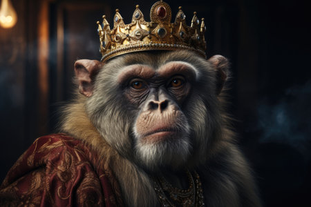 monkey to a golden crown on a dark background, the concept of a boss, leaderの素材