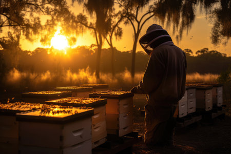 beekeeper working in an apiary near beehives with beesの素材